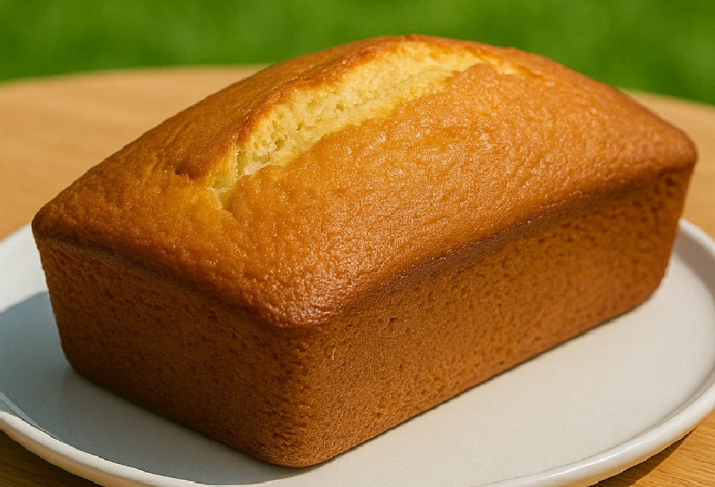 Sliced vanilla pound cake with golden crust on cooling rack
