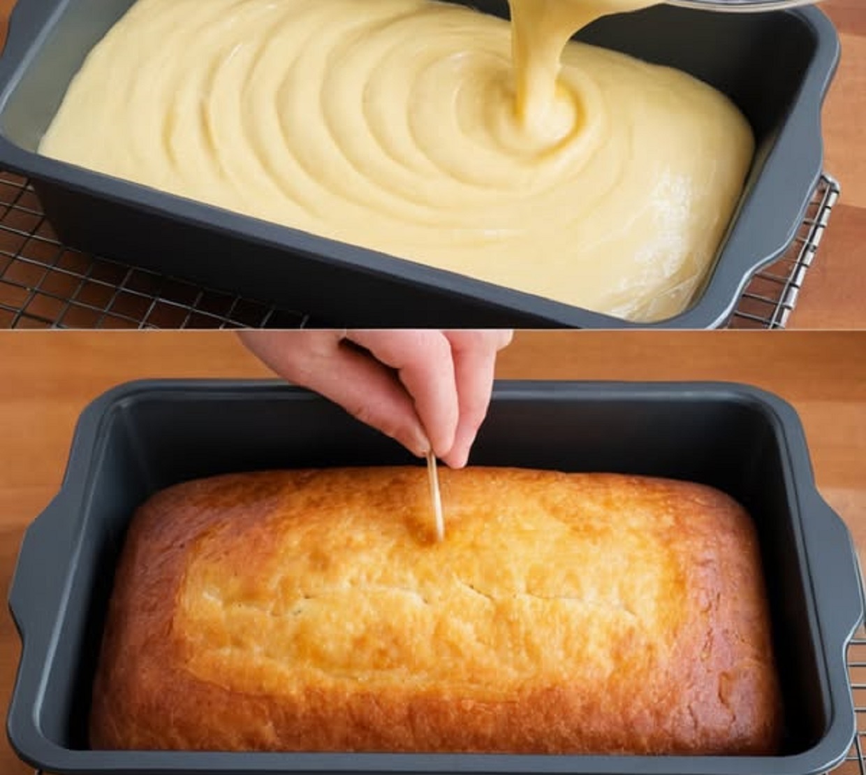 Sliced vanilla pound cake with golden crust on cooling rack