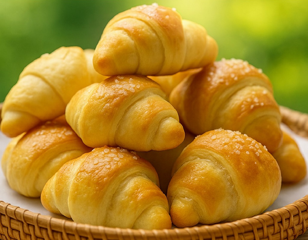 Golden flaky homemade croissants stacked on a cooling rack