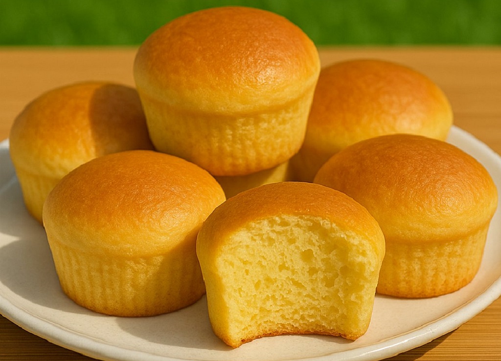 Fluffy Castella sponge cake with a golden crust sliced neatly on a wooden board