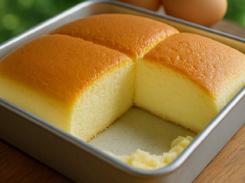 A slice of fluffy cheesecake topped with powdered sugar on a white plate