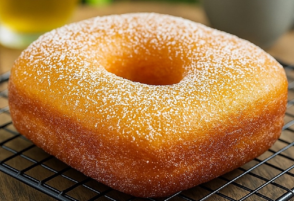 Freshly baked fluffy donut breads dusted with powdered sugar on a cooling rack
