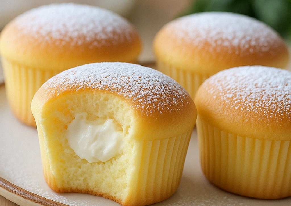 Fluffy Japanese cotton cheesecake cupcakes dusted with powdered sugar