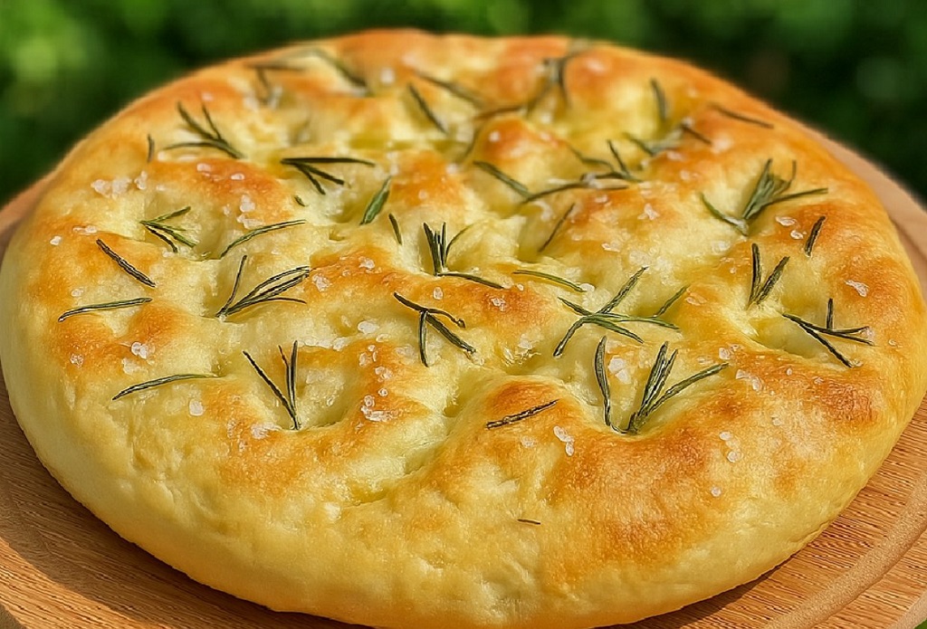 Homemade Italian focaccia bread topped with rosemary and sea salt