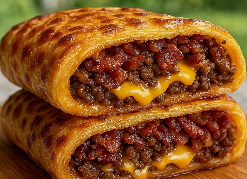 Cheeseburger rollups stacked on a plate with melted cheese and garlic butter glaze