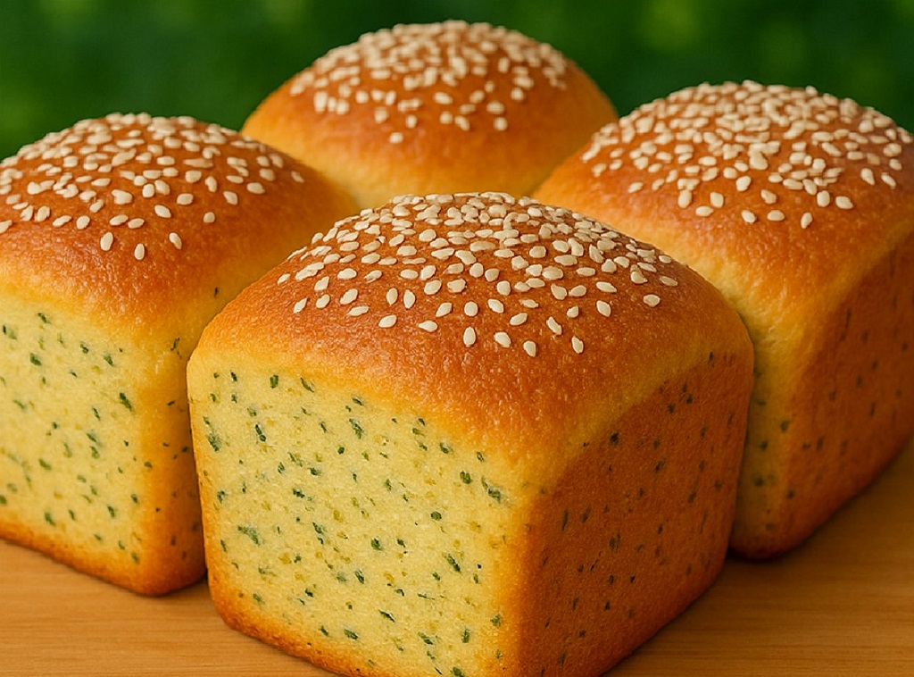 Freshly baked gluten free lentil cheese bread sliced on a wooden board