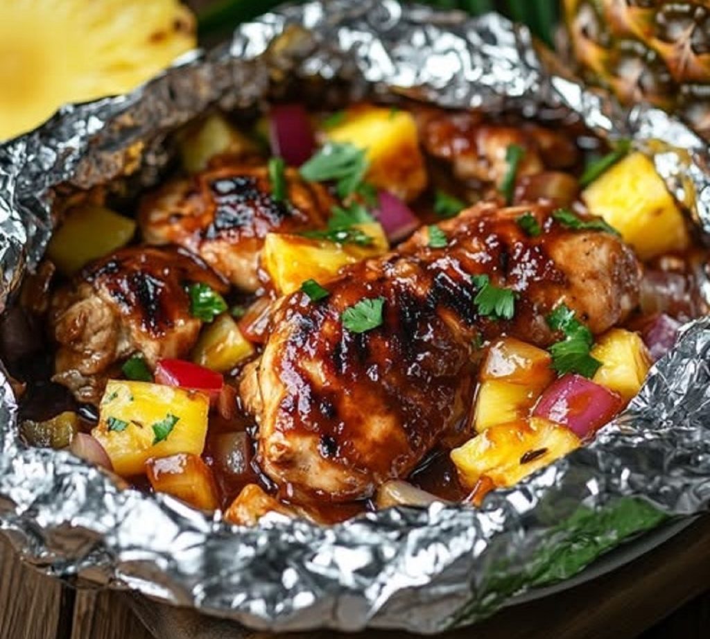 Grilled Hawaiian BBQ Chicken and Pineapple Foil Packets on foil with steam rising
