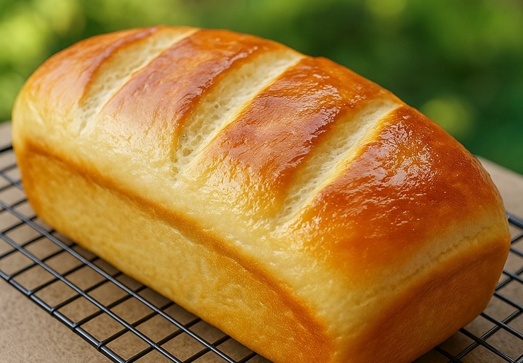 Sliced quick homemade bread loaf on wooden board