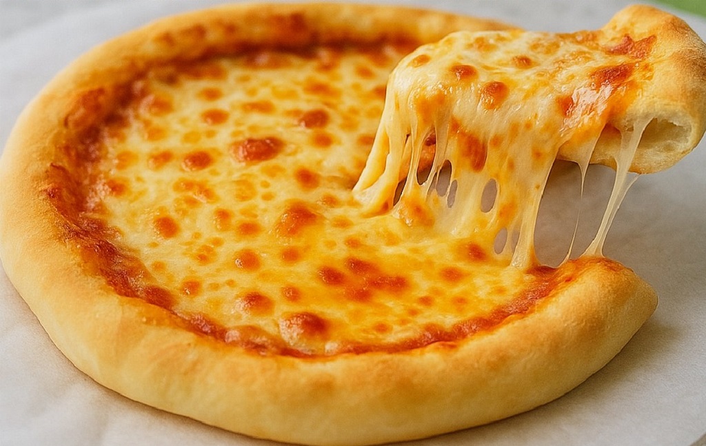 Homemade pizza dough rolled out on a wooden surface with flour and olive oil