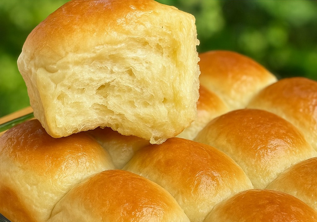 Homemade buttery dinner rolls stacked on a wooden tray with melted butter