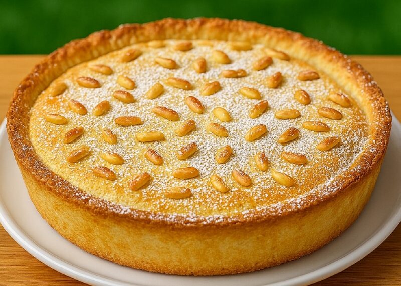 Slice of Italian pastry cream cake with pine nuts