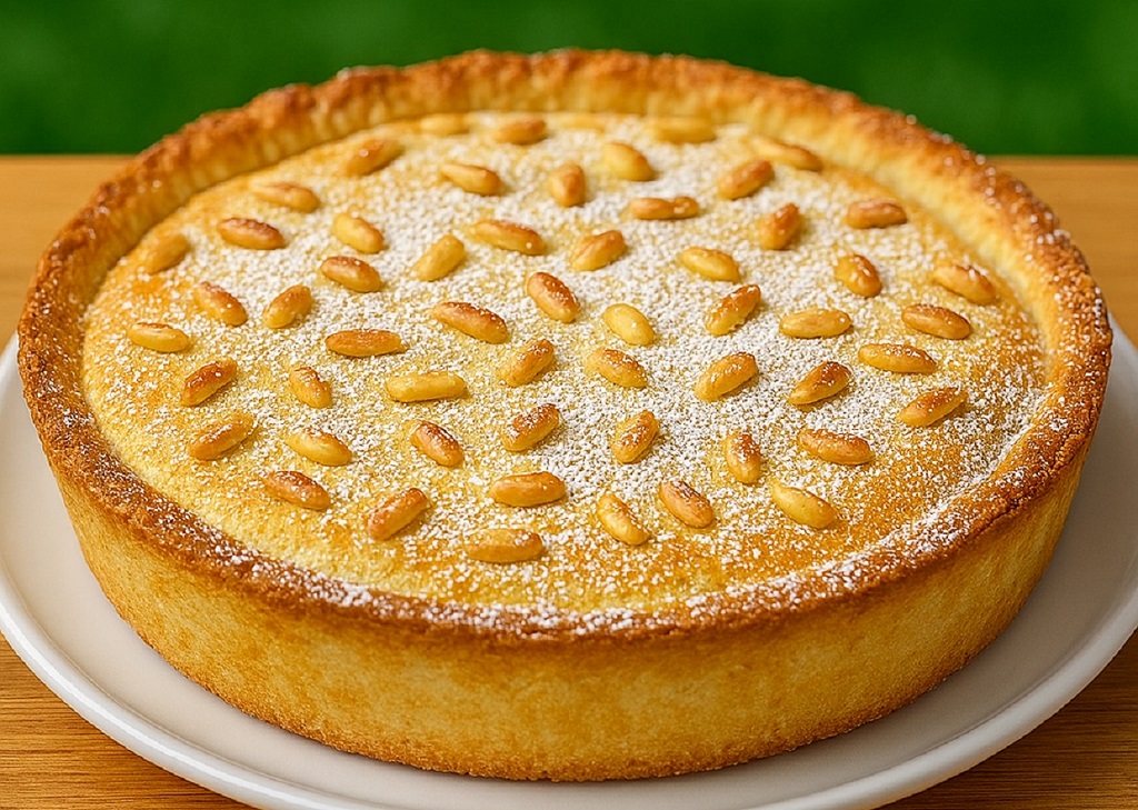 Slice of Italian pastry cream cake with pine nuts