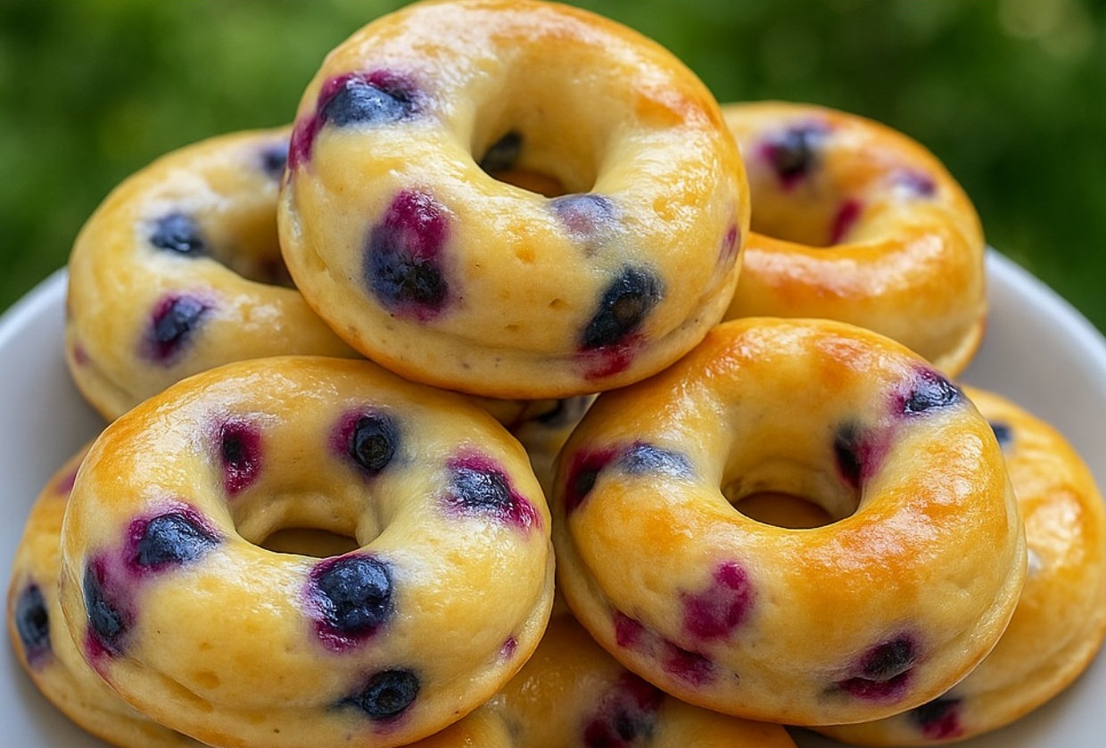 Keto blueberry donuts with sugar-free glaze on cooling rack