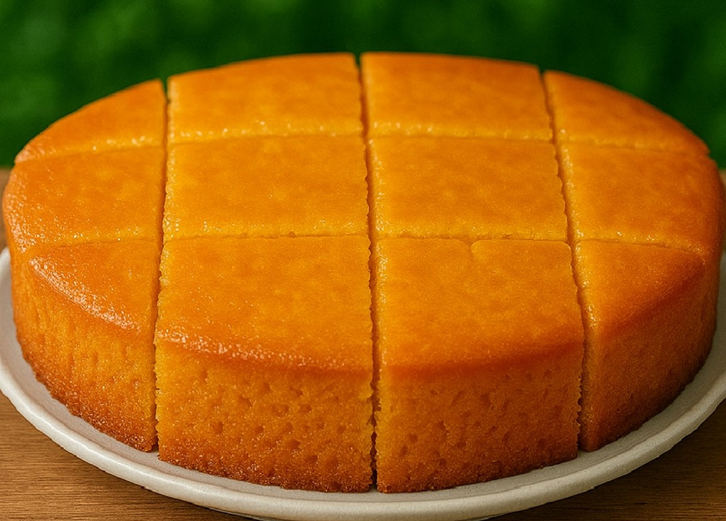 A golden slice of lemon milk sheet cake on a white plate with lemon zest garnish