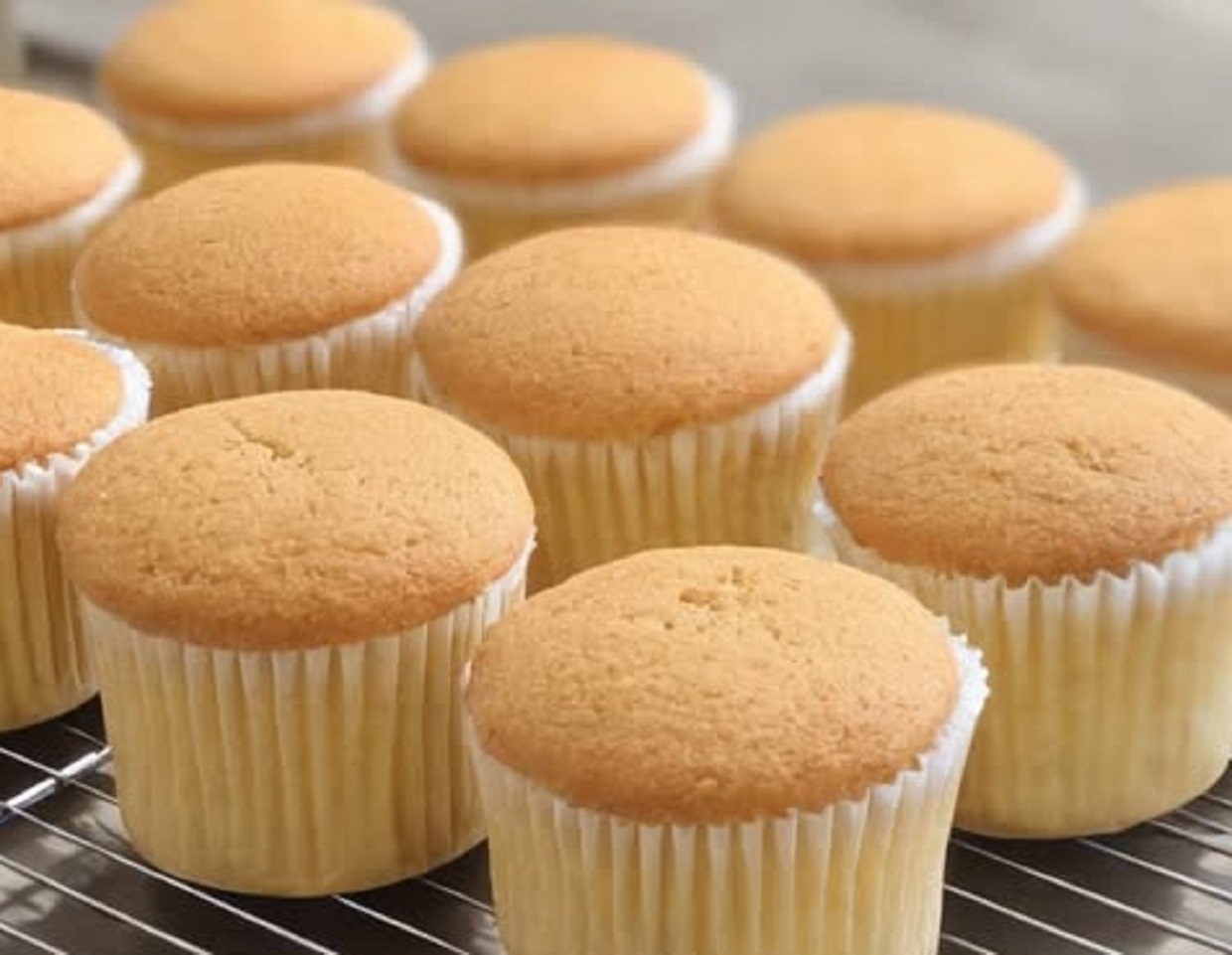 Fluffy milk cupcakes on cooling rack