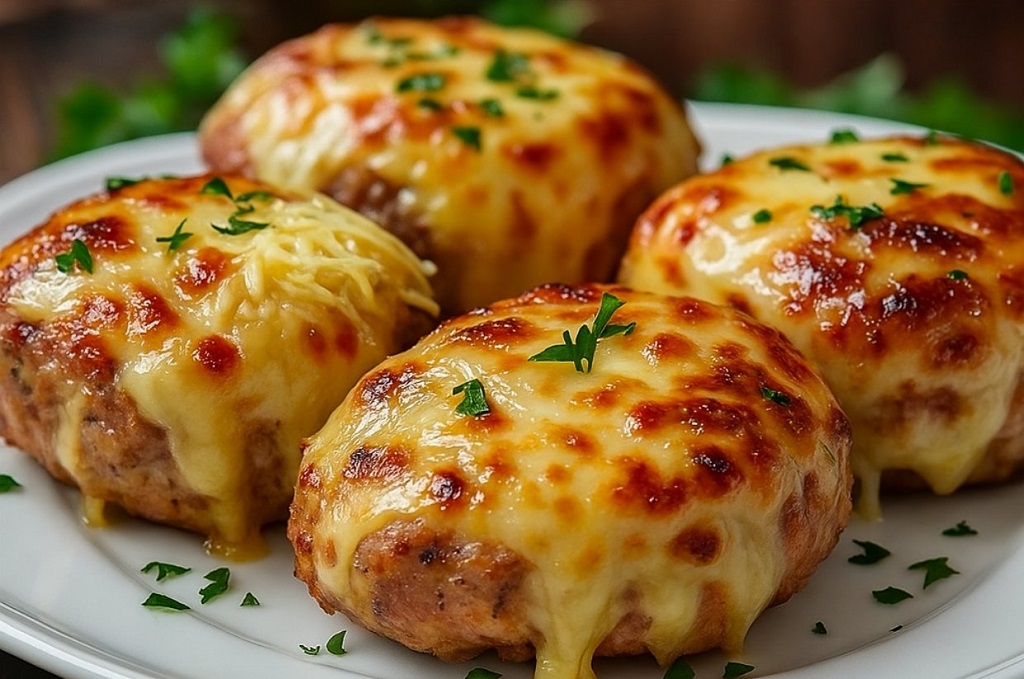 Oven-baked casserole with minced meat, potatoes, mushrooms, cheese, and tomatoes