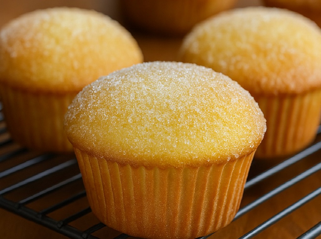 Doughnut style muffins coated in cinnamon sugar on a wire rack