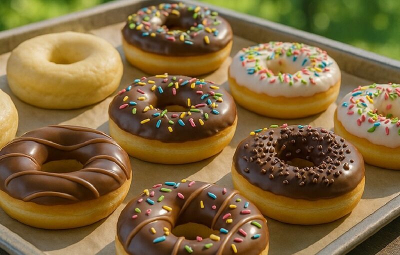 Fluffy no knead baked donuts with glaze and sprinkles on a wire rack