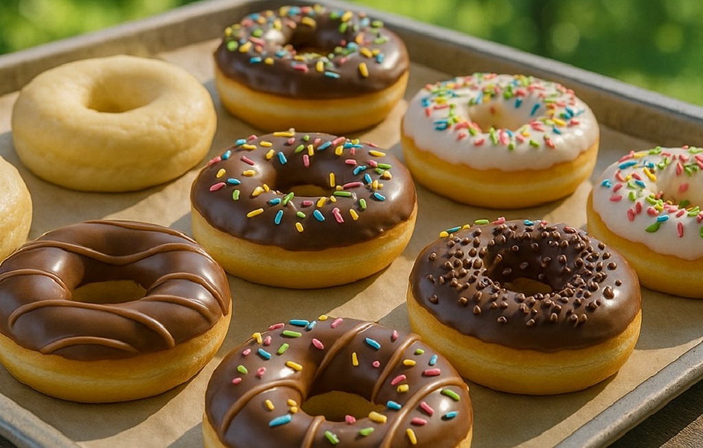 Fluffy no knead baked donuts with glaze and sprinkles on a wire rack