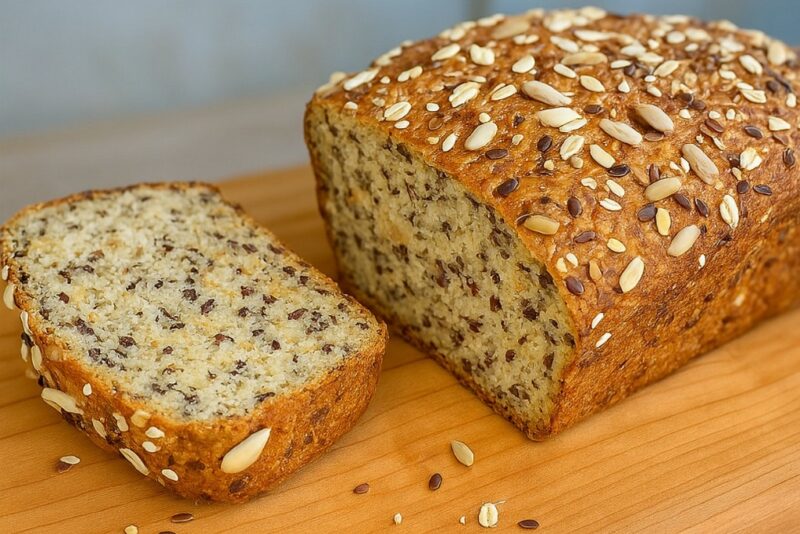 Sliced oatmeal bread with pumpkin, seeds, and dried fruits on a wooden cutting board