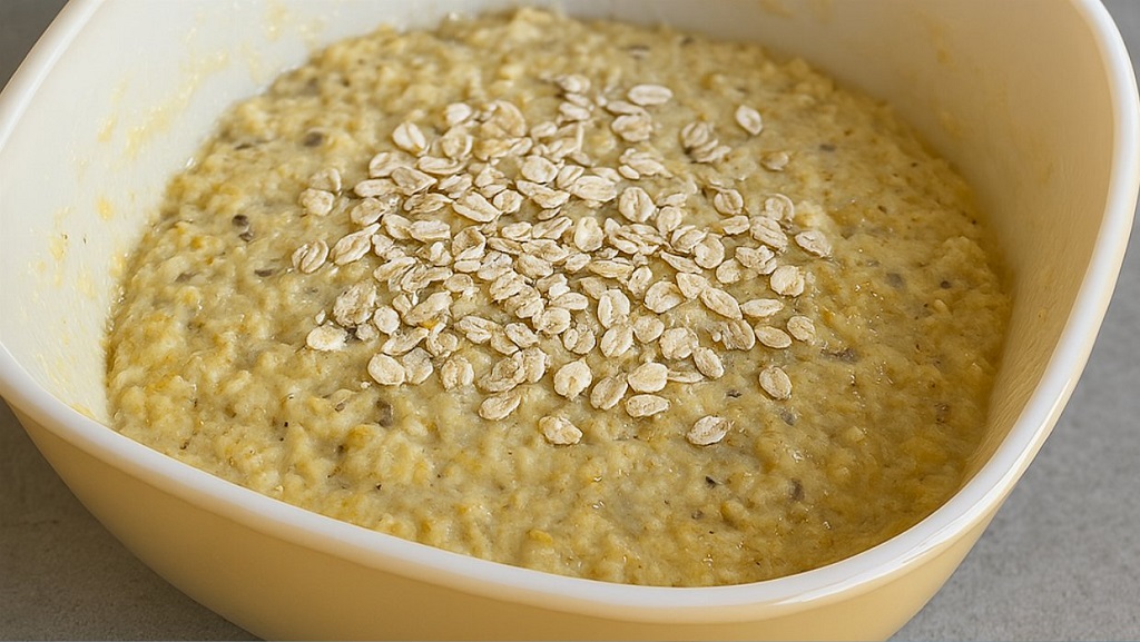 Sliced oatmeal bread with pumpkin, seeds, and dried fruits on a wooden cutting board