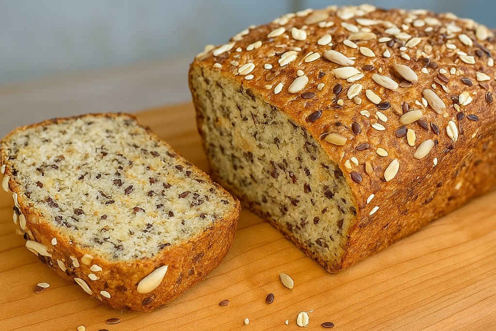 Sliced oatmeal bread with pumpkin, seeds, and dried fruits on a wooden cutting board