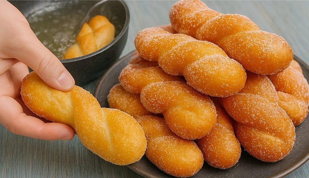 Golden cinnamon sugar donuts stacked on a plate