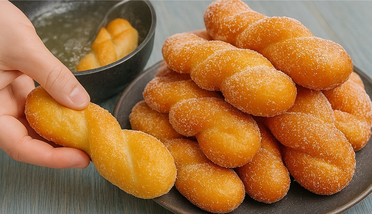 Golden cinnamon sugar donuts stacked on a plate