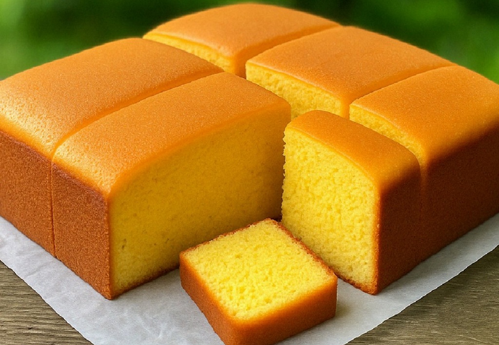 Golden butter cake slice on a white plate with crumbs and vanilla bean garnish