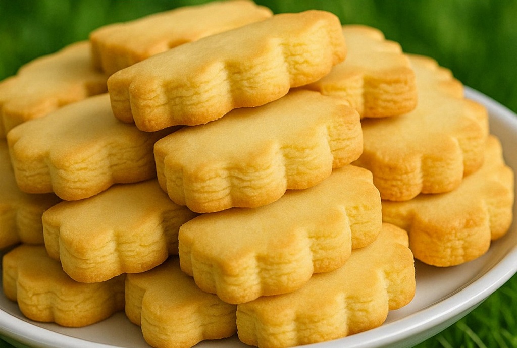 Golden shortbread biscuits stacked on a wire rack, next to a cup of tea