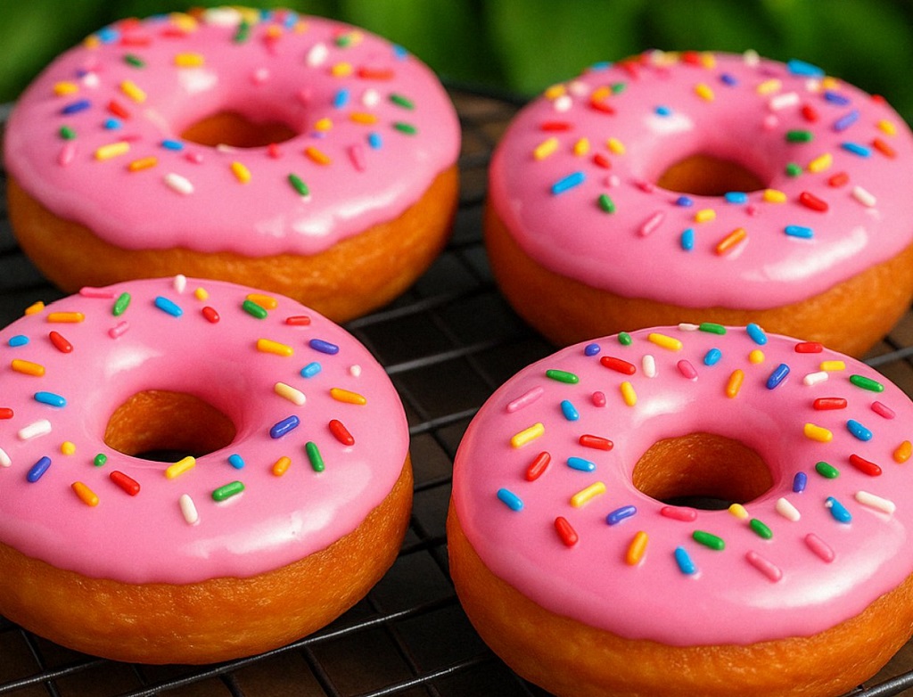 Fluffy pink glazed Simpsons style donuts with rainbow sprinkles stacked on a tray