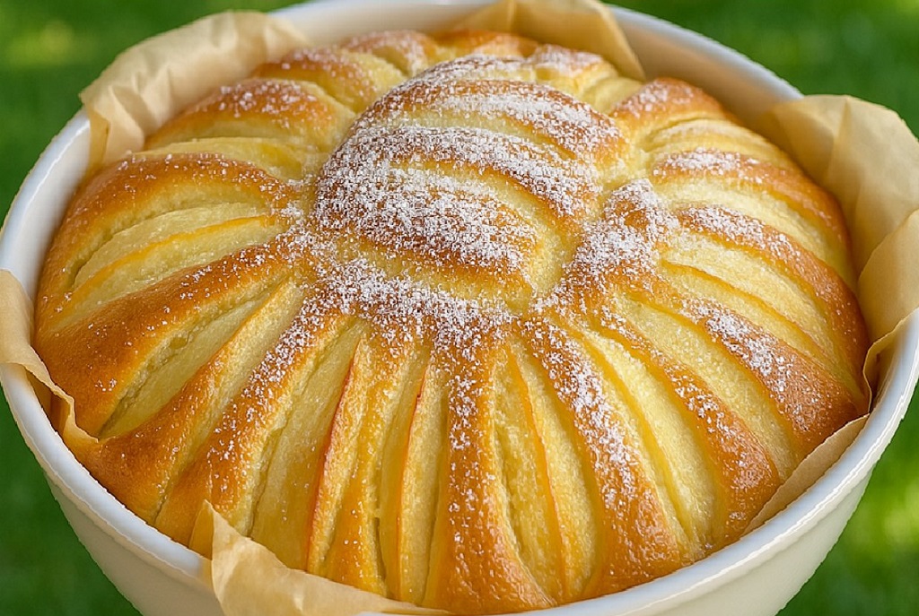 Soft apple cake slice with golden crust and fresh apple chunks