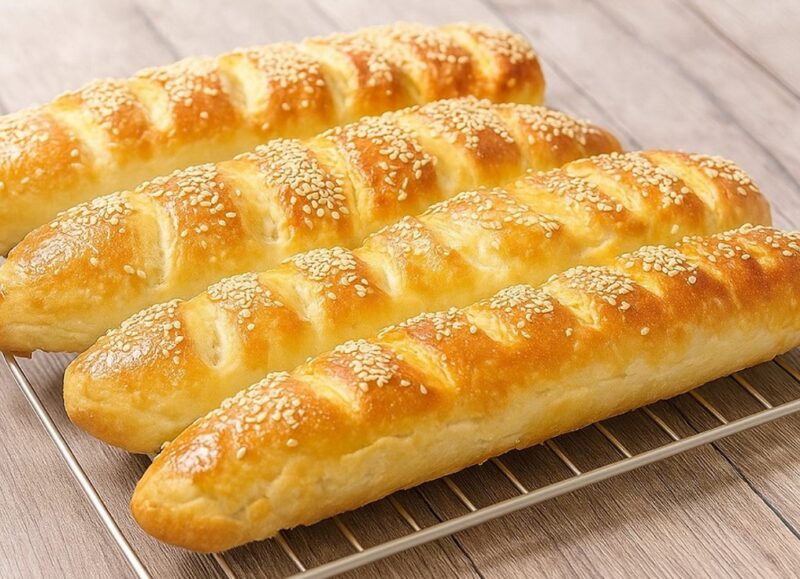 Golden brown sesame breadsticks cooling on a rack with butter on the side