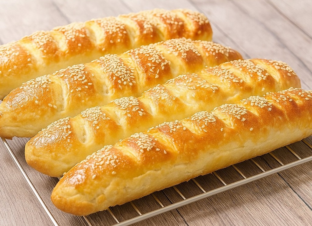 Golden brown sesame breadsticks cooling on a rack with butter on the side