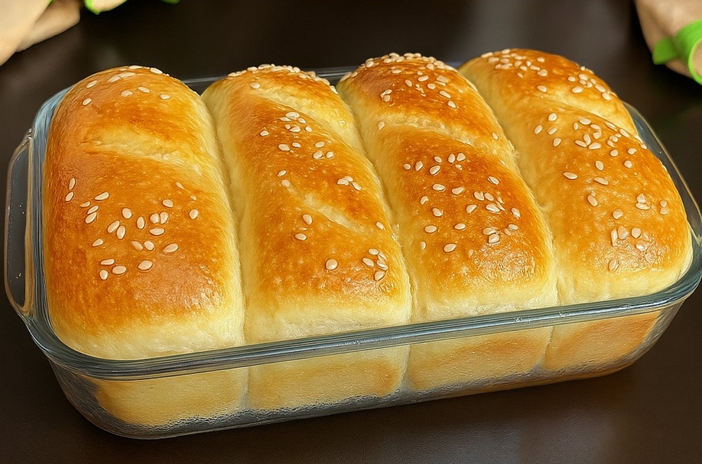 Freshly baked soft milk bread loaf with golden brown top on wooden cutting board