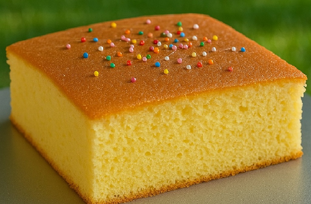 Freshly baked super soft moist butter cake sliced on a wire rack with golden edges