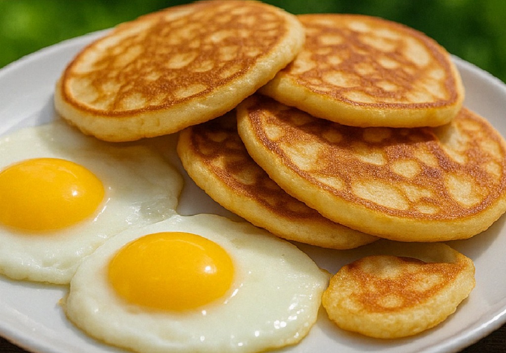 Stack of fluffy vanilla pancakes with maple syrup drizzle and butter melting on top