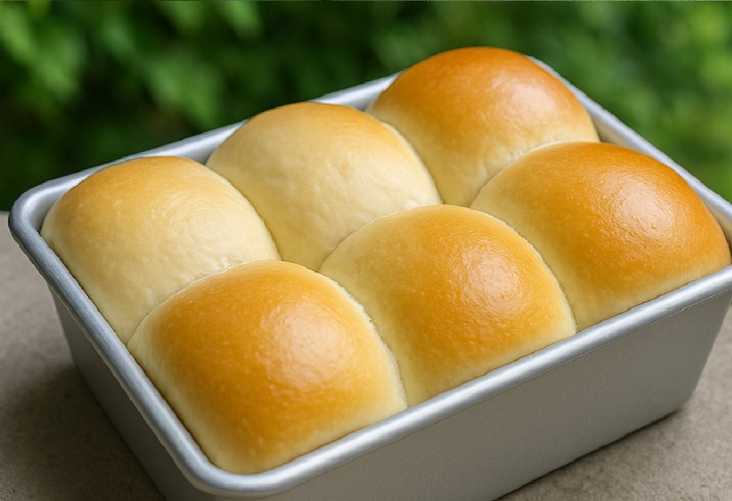 Soft sliced sweetened condensed milk bread on a wooden board
