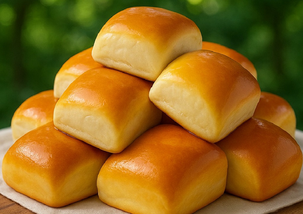 Freshly baked Texas Roadhouse’s rolls brushed with melted butter on a baking tray