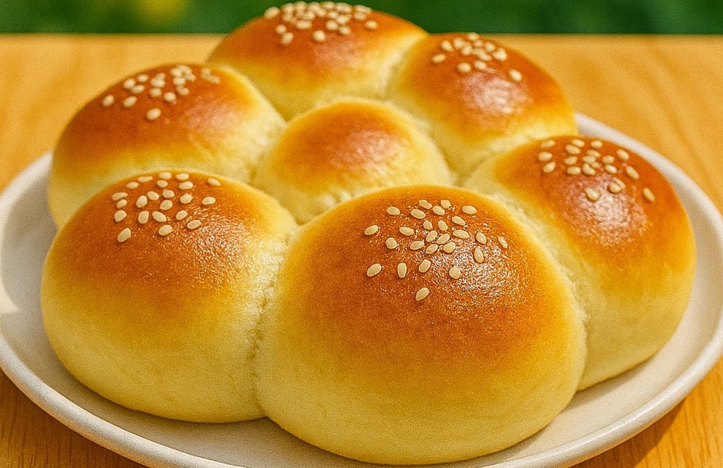Freshly baked soft milk bread loaf with golden brown top on wooden cutting board