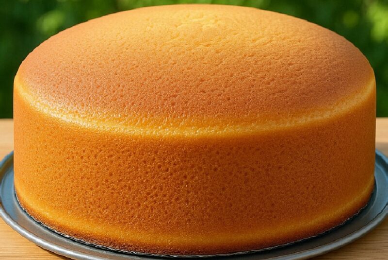 Slice of simple vanilla sponge cake on a white plate with a fork