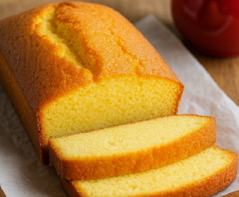 A slice of moist yoghurt cake on a white plate with lemon zest