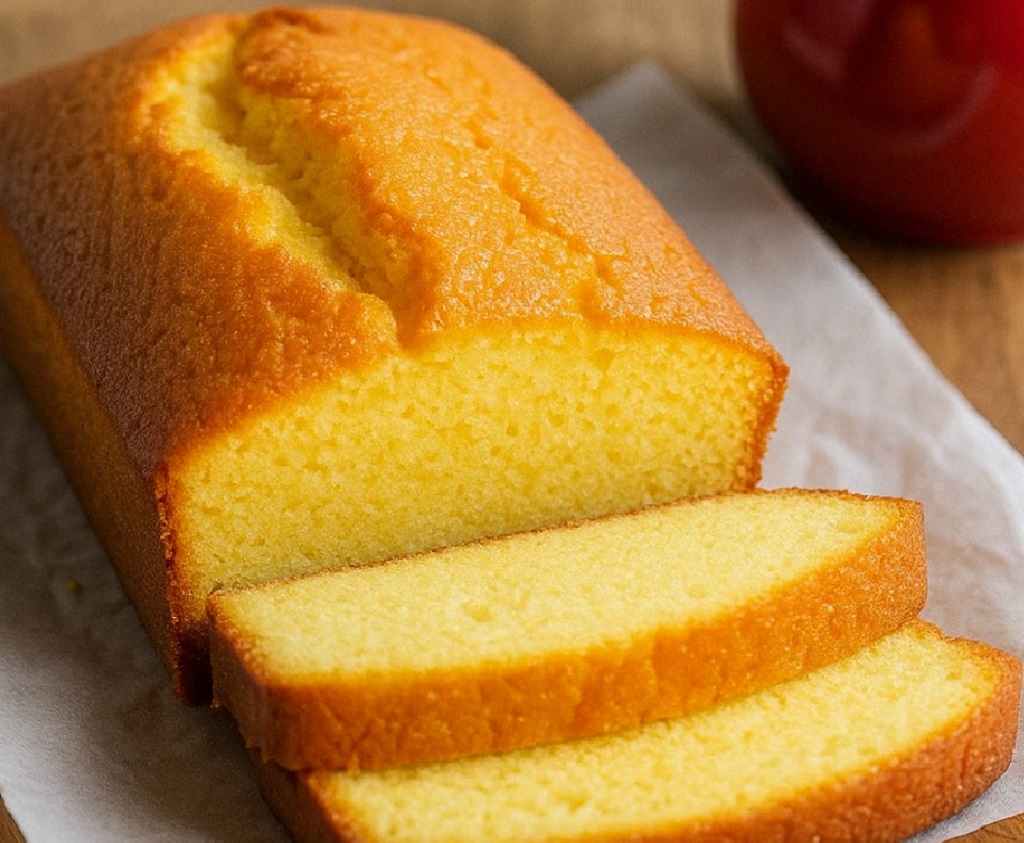 A slice of moist yoghurt cake on a white plate with lemon zest