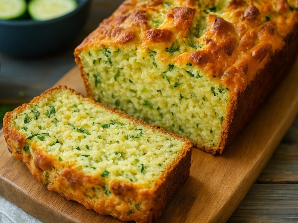 Cheesy zucchini bread loaf sliced on a wooden cutting board with fresh zucchini