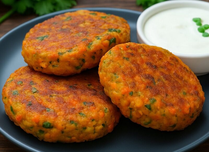Crispy golden lentil patties on a white plate with herbs and dipping sauce