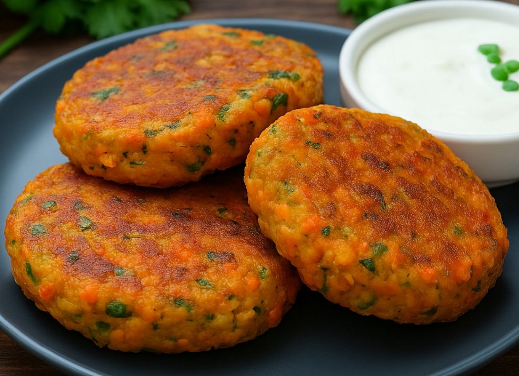 Crispy golden lentil patties on a white plate with herbs and dipping sauce