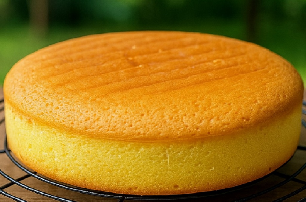 Fluffy golden sponge cake on a cooling rack with powdered sugar on top