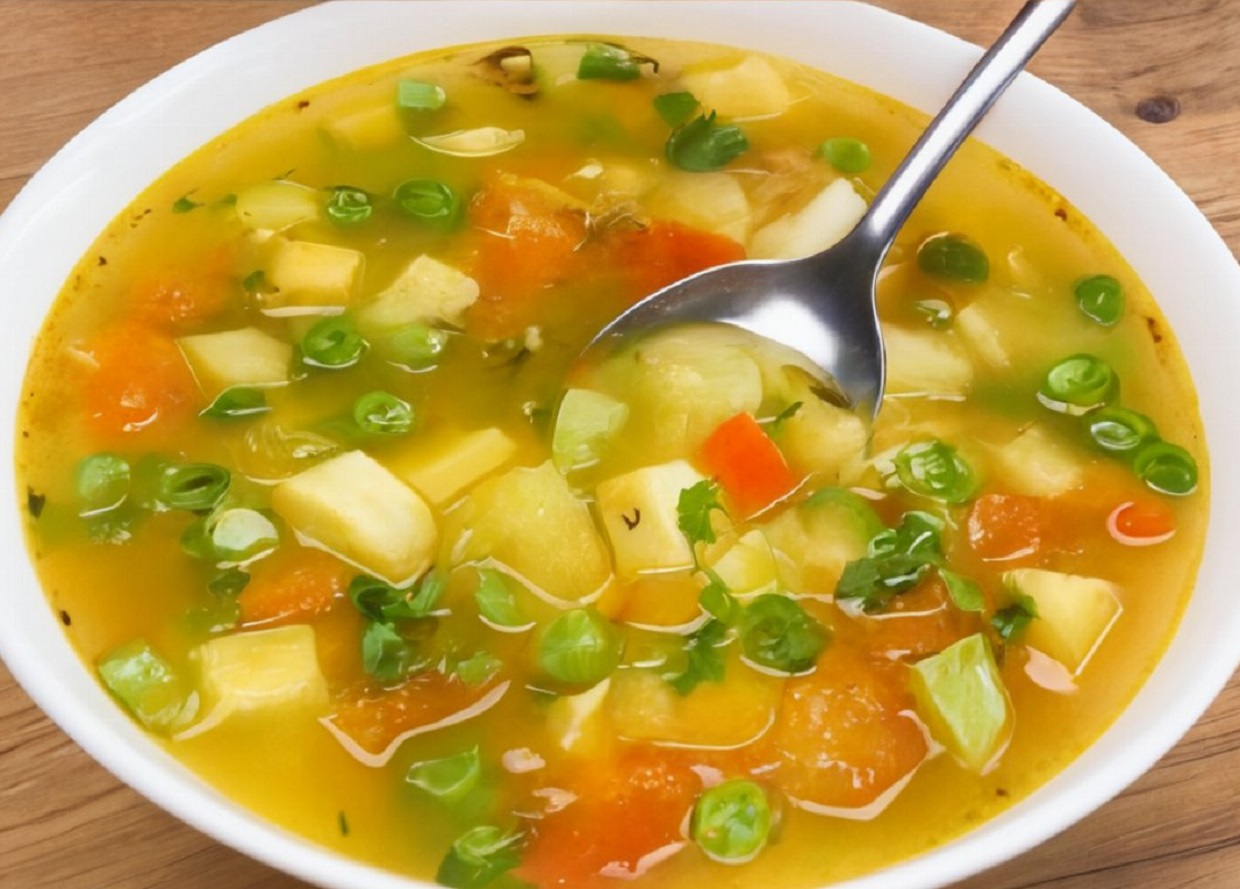 Colorful vegetable soup served in a rustic bowl