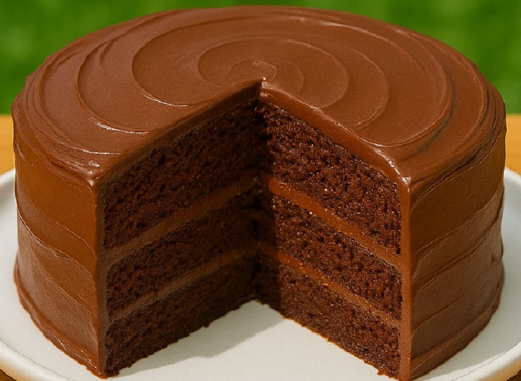 Moist chocolate cake with thick glossy frosting on top
