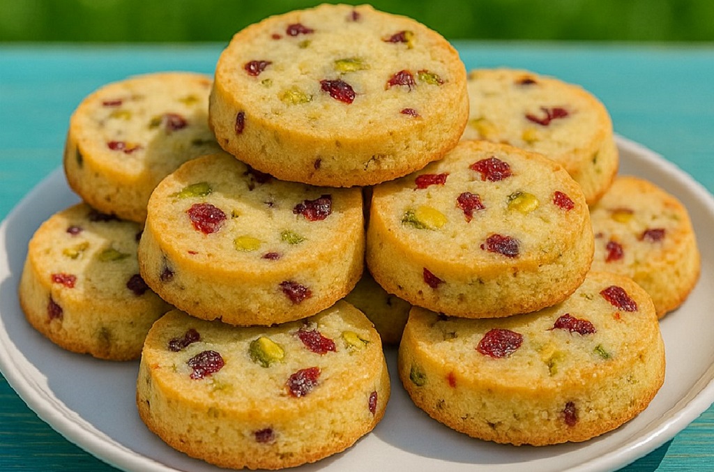 Cranberry pistachio shortbread cookies stacked on a plate with green and red specks